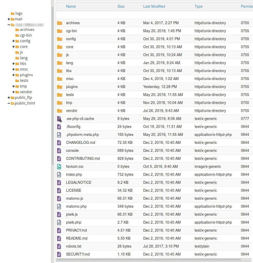 Matomo dossiers et fichiers.