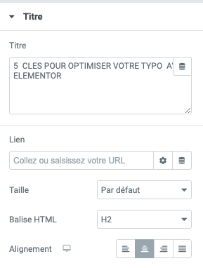 menu de réglage du titre dans Elementor montrant la balise html H2